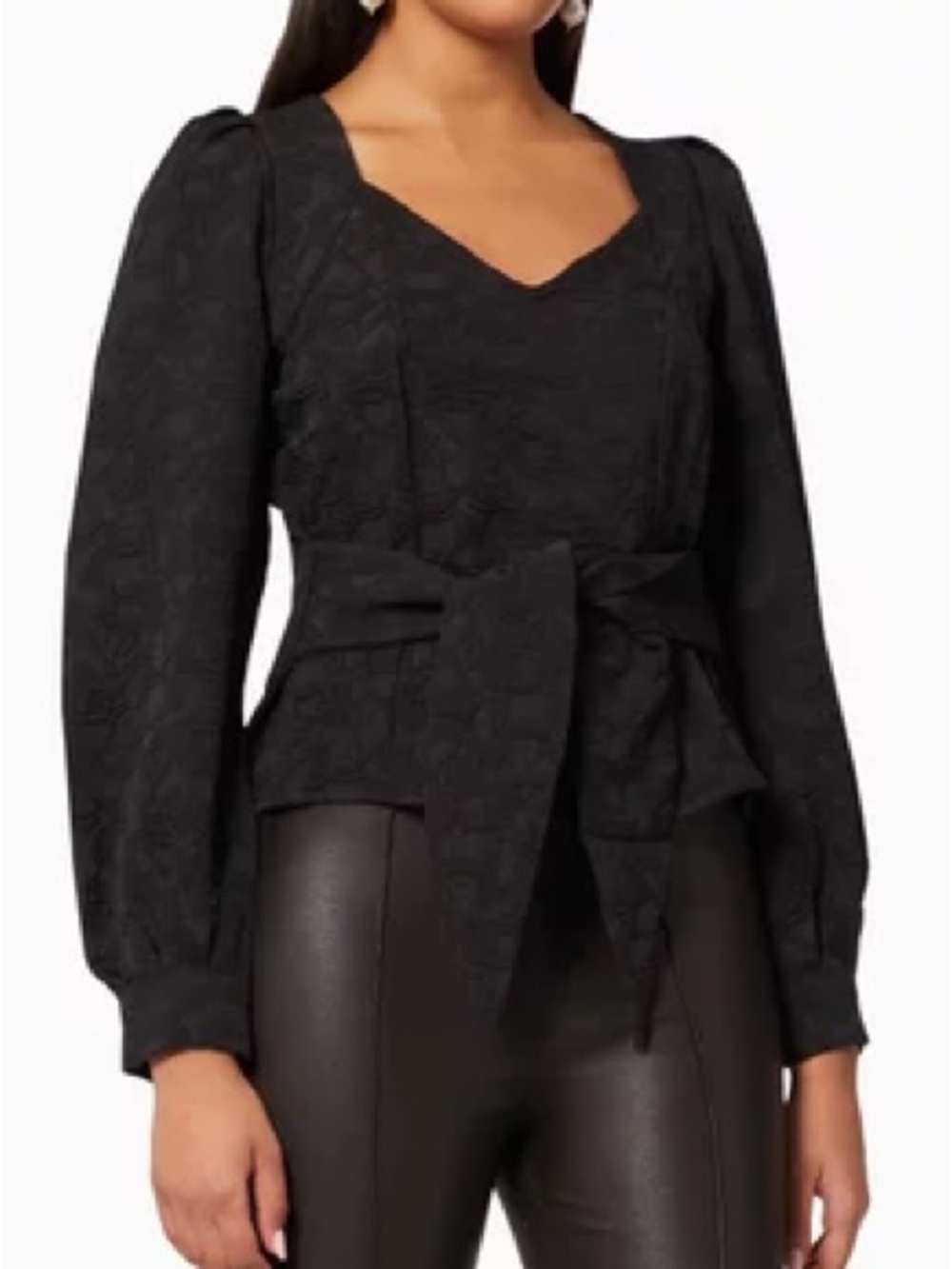 YAS Black Textured Blouse V‑Neck Tie‑Waist NWT